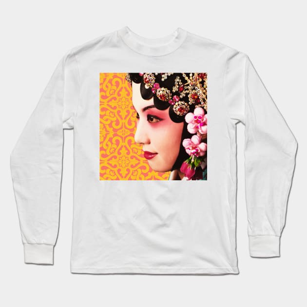 Chinese Opera Star Orange with Yellow Tile Floor Pattern- Hong Kong Retro Long Sleeve T-Shirt by CRAFTY BITCH